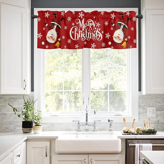Red Merry Christmas Valance Curtains for Kitchen Windows Funny Hanging Santa Rod Pocket Window Treatment Toppers for Kitchen/Living Room/Bedroom/Bathroom, 42" X 18", Snow Winter Holiday
