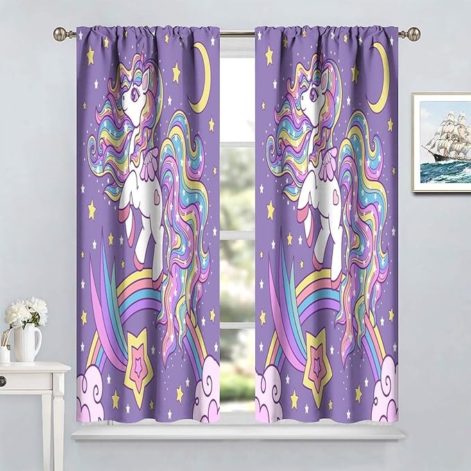 Unicorn Curtains Fantasy Star Moon Cartoon Theme Curtains Cute White Unicorn Rainbow Design Printed Curtains Boys Girls Room Curtains 63x72 Inch 2 Panels