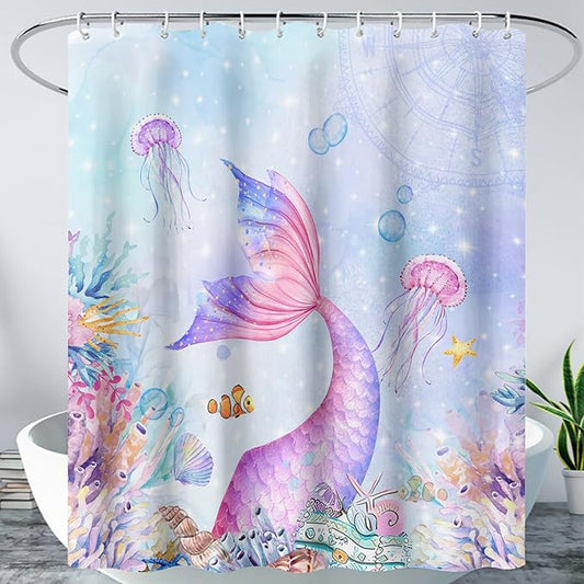 AILONEN Mermaid Shower Curtain,Blue Ocean Coral Jellyfish Coast Bathroom Curtain,Cartoon Mermaid Tail Print Kids Women Girls Bath Curtain 36" W*72" H Polyester Waterproof Shower Curtain with 12 Hooks