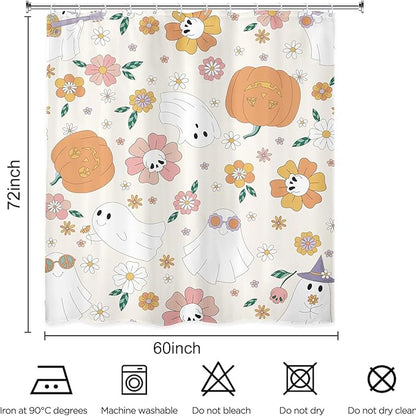 Halloween 70s Skull Pumpkin Shower Curtain 60Wx72L Inch Cute Retro Ghost 60s Hippie Groovy Holiday Flower Bathroom Set Accessories Decor Polyester Waterproof with 12 Pack Hooks
