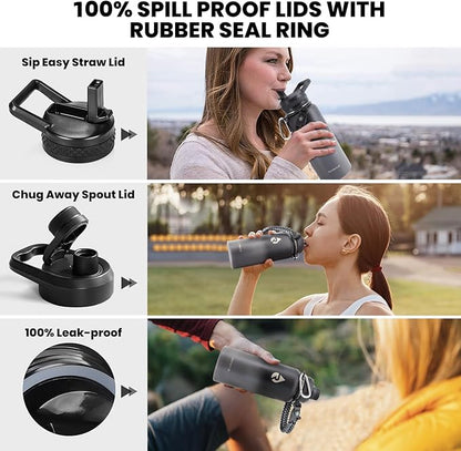 Insulated Water Bottle 40 oz, Triple Wall Vacuum Stainless Steel (Cold for 48 Hrs), Leak Proof & Non-BPA, Modern Water Flask Jug with Paracord Handle & Straw Spout Lids, Dark Grey