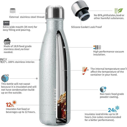 BJPKPK Insulated Water Bottles 17oz, Leak Proof Stainless Steel Water Bottle Keeps Cold for 24H and Hot for 12H, BPA Free Water Bottle,Silver