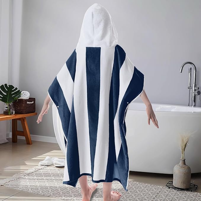 VOOVA & MOVAS Hooded Towel Poncho for Boys| Girls | Teens (8-16Years), 100% Cotton Thick Poncho Towel Robe for Kids, Perfect for Pool, Beach, Bath and Gifts, Navy White Stripe