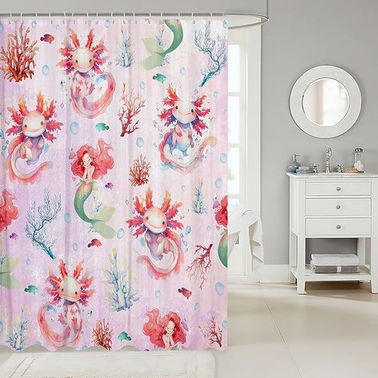 Feelyou Boys Girls Cute Axolotl Bath Curtain Ocean Sealife Bathroom Shower Curtain Set Mermaid Shower Curtain Kids Sea Animal Teens Bathroom Accessories Room Decor 72"x78"