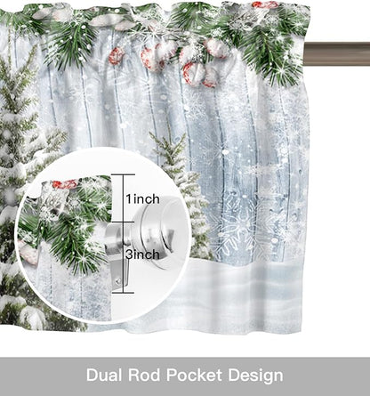 Merry Christmas Valance Curtains for Kitchen Windows Xmas Snowman Snowy Pine Tree Rod Pocket Window Treatment Toppers for Kitchen/Living Room/Bedroom/Bathroom, 42" X 18", Blue Winter