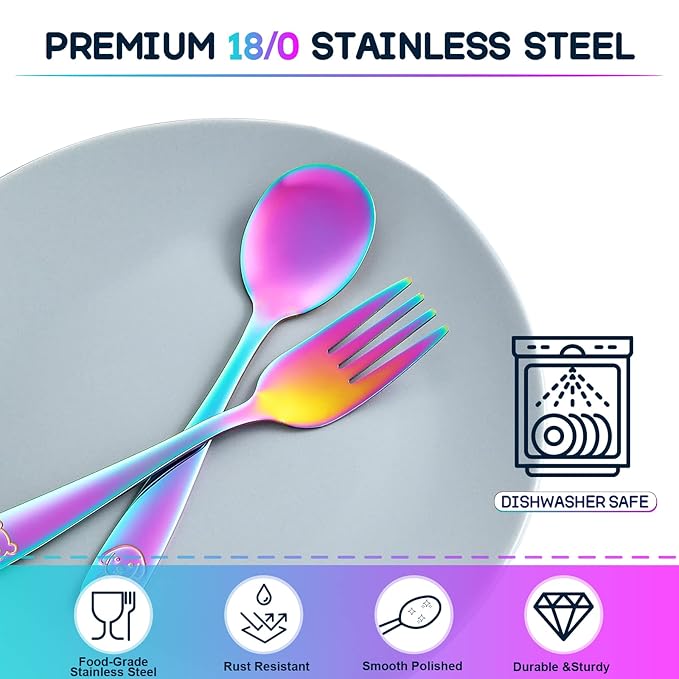 VITEVER 10 Pack Toddler Utensils, Stainless Steel Rainbow Silverware Set for Kids, Children Safe Cutlery Set Includes Forks and Spoons - Dishwasher Safe