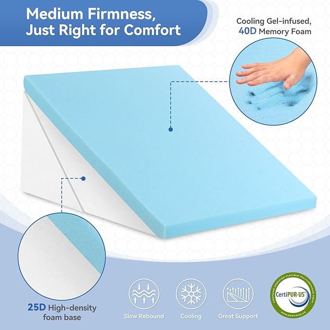 Bed Wedge Pillow for Sleep Apnea, 9 & 12 Inch Adjustable Wedge Pillow for Back Pain Relief, Leg and Knee Support, 7 in 1 Cooling-Gel Memory Foam Elevated Pillows for Acid Reflux, Post Surgery, Snoring