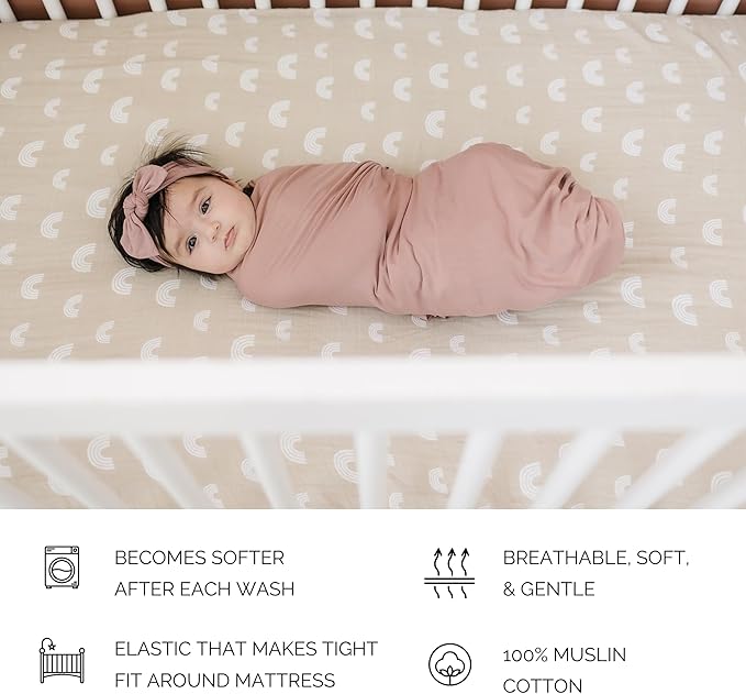 Sand Rainbow Muslin Crib Sheet by Mebie Baby, Soft and Breathable Bed Sheets for Babies, Modern Neutral Bedding for Cribs, Standard Crib Mattress Fitted Sheet, Great for Boy or Girl Room or Nursery