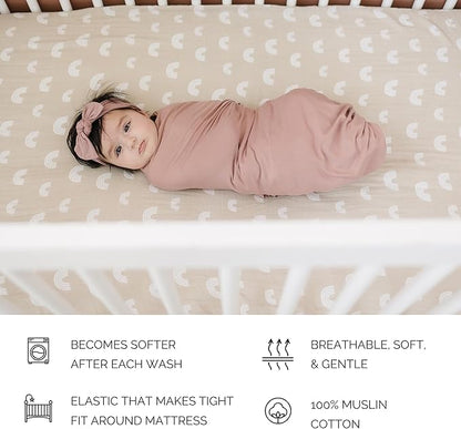Sand Rainbow Muslin Crib Sheet by Mebie Baby, Soft and Breathable Bed Sheets for Babies, Modern Neutral Bedding for Cribs, Standard Crib Mattress Fitted Sheet, Great for Boy or Girl Room or Nursery