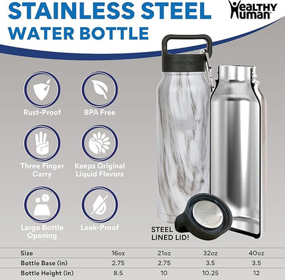 Healthy Human Stainless Steel Water Bottle | Double Walled Vacuum Insulated Water Thermos for Adults | Eco-Friendly Travel Bottles with Leak Proof Lid (Stone White, 16 oz/ 473 ML)