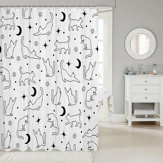 Cartoon Cat Silhouettes Kids Shower Curtains,Sun Moon Starry Sky Trippy Bathroom Curtains for Girls Boys,Cute Cats Hand-painted Boho Black White Waterproof Curtains,12 Hooks Suits,72"W x 72"L