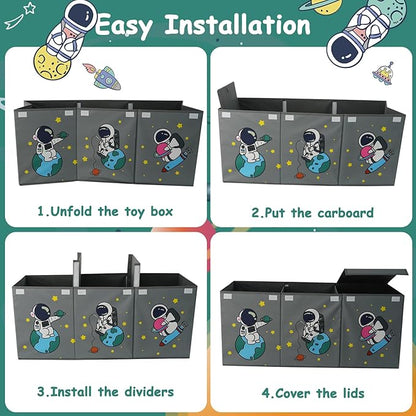 Large Toy Box Storage Organizer,Sturdy Toys Storage Chest Bin Basket with Dividers and Lids for Toddlers,Boys,Girls,Nursery,Closet,Living Room Area,Playroom(Grey Astronaut)