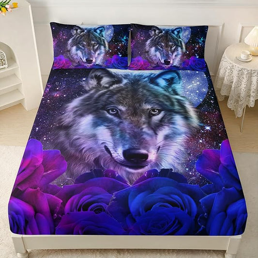 AILONEN Wolf Print Fitted Sheet Set Full Size, Moon Galaxy Wolf Bed Sheet Set Full,3 Pieces Full Romantic Blue Rose Wolf Fitted Sheet with 2 Pillowcases