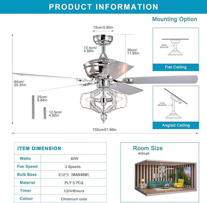 NicBex Ceiling Fan 52 Inch Crystal Ceiling Fan with Lights Ceiling Fans with 5 Blades and Remote Control Ceiling Fan with Lamp Shade for Bedroom, Living Room, Silver
