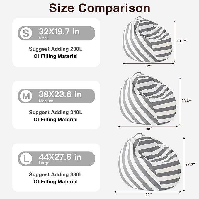 EXQ Home Kids Bean Bag Chairs Cover (No Filler) -Stuffed Animal Bean Bag Storage Grey and White Stripes-Zipper Bean Bag for Organizing Children Plush Toys Holiday Gift for Girl,Boys