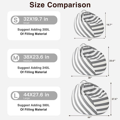 EXQ Home Kids Bean Bag Chairs Cover (No Filler) -Stuffed Animal Bean Bag Storage Grey and White Stripes-Zipper Bean Bag for Organizing Children Plush Toys Holiday Gift for Girl,Boys