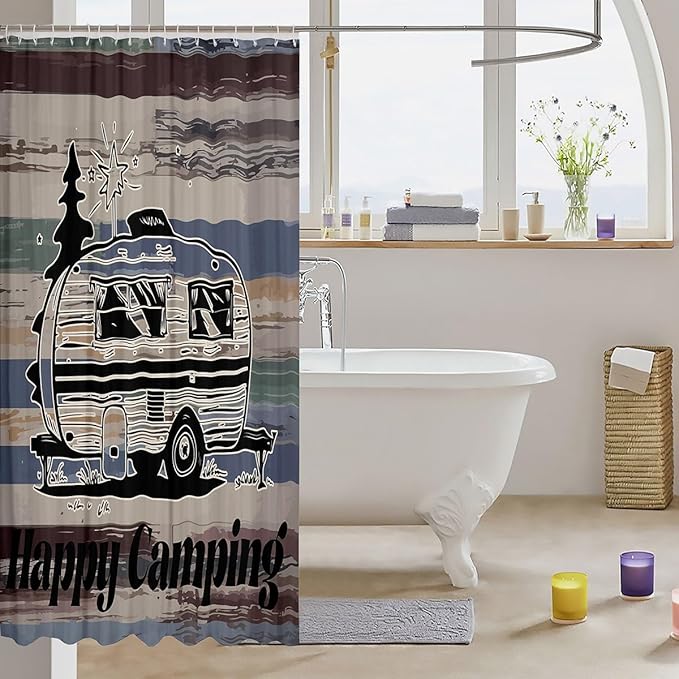 Feelyou Camper Shower Curtain Happy Camping Fabric Shower Curtain for Kids Boys Girls Wooden Rustic Bathroom Waterproof Accessories with 12 Hooks Rv Camping Curtains,72x84 Inches