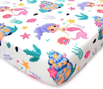 JISEN Baby Crib Sheets Soft Breathable Fitted Crib Sheets Baby Sheet for Standard Crib and Toddler Mattress Baby Bed Sheets for Crib for Baby Boys Girls Neutral 52x28 Inch White Mermaids