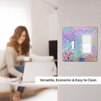 Silvery Glitter Cute Mermaid Tail Fantasy Castle 2 Gang Single Toggle Rocker Combination Light Switch Covers Wall Plate Cover Electrical Faceplate Decorative Switchplate for Kidroom Nursery Bedroom
