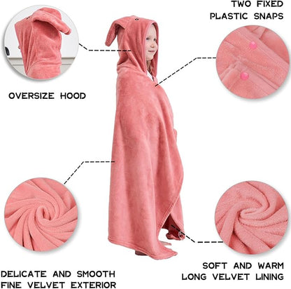 Hiturbo Kids Animal Hooded Towel: Soft Plush Fleece Blanket - 50"x30" Swim Cover Up - Pool Beach Bath Towel Wrap for 3-12 Yrs (Pink Rabbit)