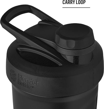 BlenderBottle Strada Twist Cap Shaker Cup Insulated Stainless Steel Water Bottle with Wire Whisk, 24-Ounce, Black