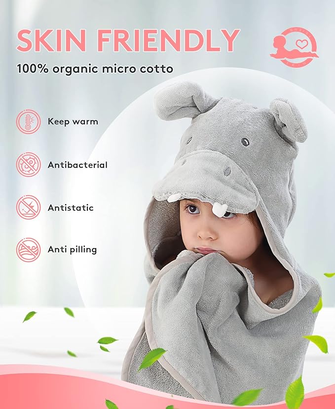 Hooded Towel for Kids 100% Cotton Ultra Soft with Unique Animal Design Large for Infants 3-10 Years (Hippo)