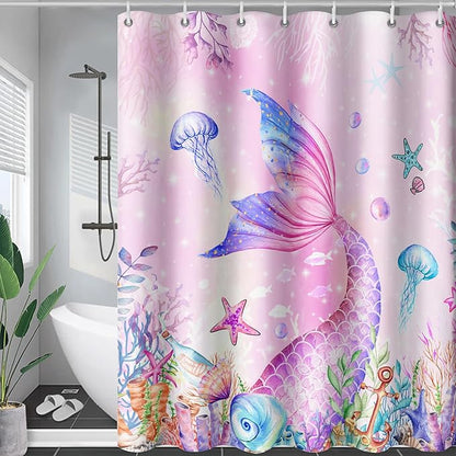 AILONEN Mermaid Shower Curtain for Kids Women Girls, Pink Ocean Coral Jellyfish Coast Bathroom Curtain,Mermaid Tail Print Bath Curtain 72" W*72" H Polyester Waterproof Shower Curtain with 12 Hooks