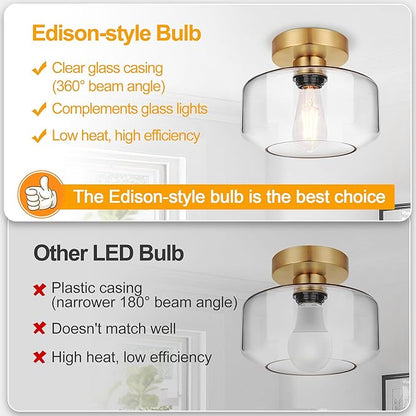 Industrial Semi Flush Mount Ceiling Light Brushed Gold, 800 Lumen LED Bulb Included, Clear Glass Shade Ceiling Light Fixture, Light Fixture for Hallway Bathroom Bedroom, Vintage Hanging Light Fixtures
