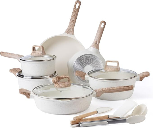 Country Kitchen Pots and Pans Set Nonstick, Cast Aluminum Kitchen Cookware Set with Utensils, 14 Pcs Non Stick Cooking Set w/Frying Pans & Saucepans