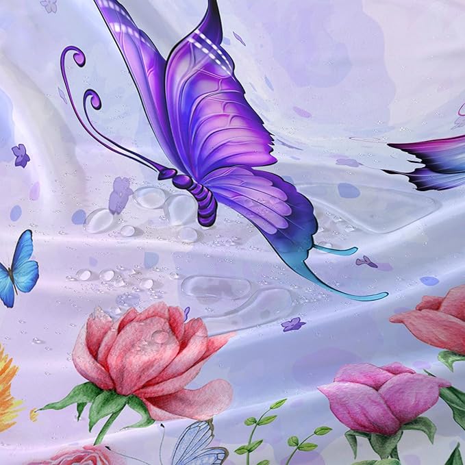 AILONEN Girls Butterfly Shower Curtain for Bathroom,Colorful Floral Flower Purple Watercolor Butterfly Printed Bath Curtain 48" W*72" H Polyester Fabric Waterproof Bathroom Curtain with 12 Hooks