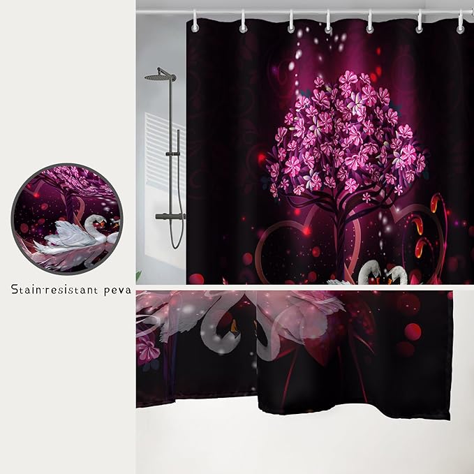 AILONEN Romantic Love Theme Shower Curtain for Girls Pink Love Tree Floral Valentine Bathroom Decor,Swan Couple Lover Bath Curtain 72" W*78" H Polyester Waterproof Bathroom Curtain with Hooks