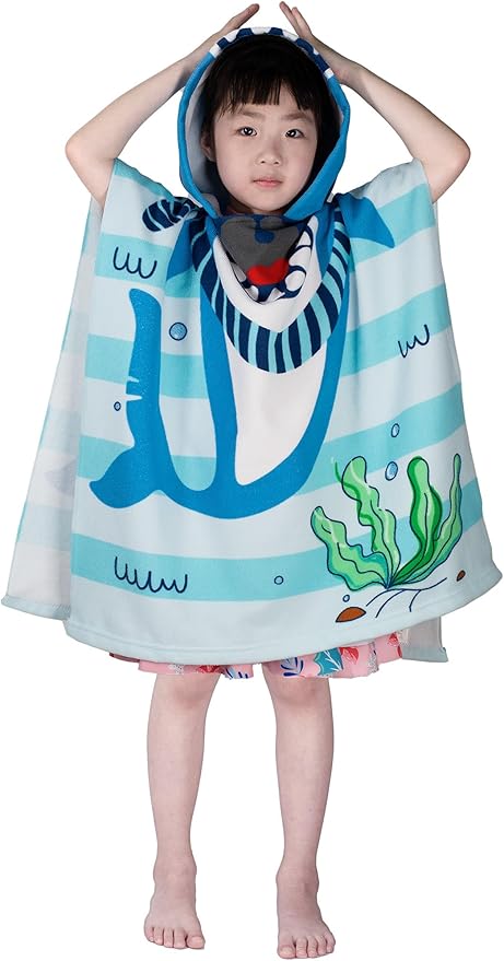 Hooded Kids Beach Towels - Toddler Bath Towel Girls Boys Swim Cover-ups for Ages 1 to 6 Kids Pool Towels Quick Dry Lightweight Soft Microfiber Poncho Towel 24x23(Shark SkyBlue)