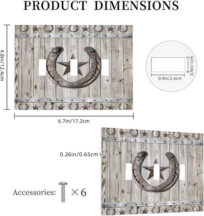 Rustic Western Wood Barn Door Horseshoe Iron Star 3 Gang Light Switch Covers Triple Toggle Wall Plate Decorative Switchplate Electrical Faceplate for Farmhouse Country Bedroom Decor