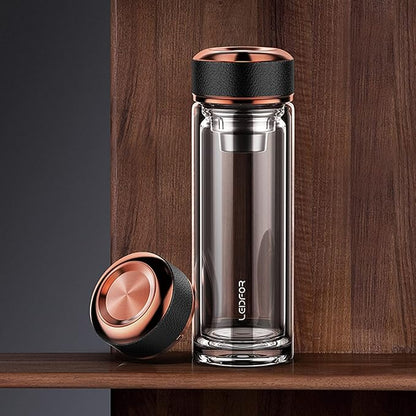 Tea Tumbler with Infuser - BPA Free Double Wall Glass Travel Tea Mug With Stainless Steel Filter - Leakproof Tea Bottle with Strainer for Loose Leaf Tea and Fruit Water 17 oz Rose