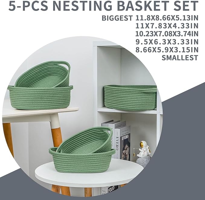 CubesLand Small Shelf Shelves Closet Basket,Woven Toy Basket Bin for Organizing,Storage Cube Organizer Basket Bin,Cute Rope Gifts Basket,Back Shool Supplies,Over Toilet Storage Basket,Green 5-Piece