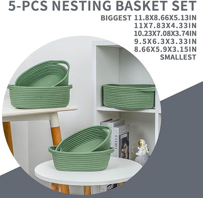 CubesLand Small Shelf Shelves Closet Basket,Woven Toy Basket Bin for Organizing,Storage Cube Organizer Basket Bin,Cute Rope Gifts Basket,Back Shool Supplies,Over Toilet Storage Basket,Green 5-Piece