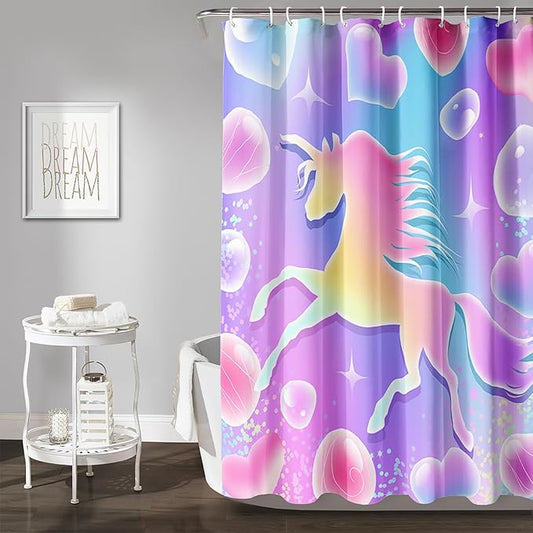 AILONEN Girls Unicorn Shower Curtain for Bathroom, Pink Hearts Rainbow Unicorn Bath Curtain,Cute Unicorn Kids Shower Curtain 72" W*84" H Polyester Waterproof Bathroom Curtain with 12 Hooks