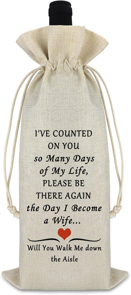 Wedding Gift for Dad Mom Bridesmaid Gift from Bride Wedding Wine Bag Engagement Wine Bag Wedding Day Gift for Friend Family Member Bride Groom Couple Gift Drawstring Cotton Burlap Wine Bottle Bags