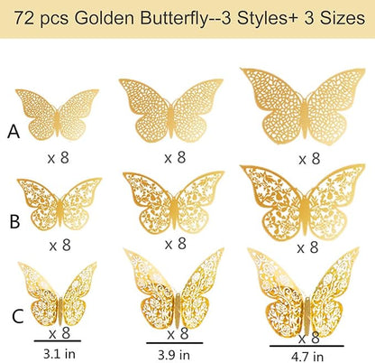 72Pcs 3D Butterfly Wall Decor 3 Sizes 3 Styles, Removable Butterfly Stickers Wall Decals, Butterfly Decorations Party Birthday Cake Decoration for Kids Nursery Wedding Bedroom Room(Gold)