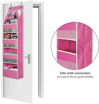 Univivi Door Hanging Organizer Nursery Over the Door Organizer Baby Storage with 4 Large Pockets and 3 Small PVC Pockets for Cosmetics, Toys and Sundries (Pink)