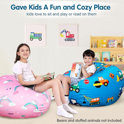 Lukeight Stuffed Animal Storage Bean Bag Chair Cover for Kids, Construction Zipper Beanbag Chair Cover for Organizing Toddler & Kids' Rooms Plush Toys (Construction Velvet, XX-Large)