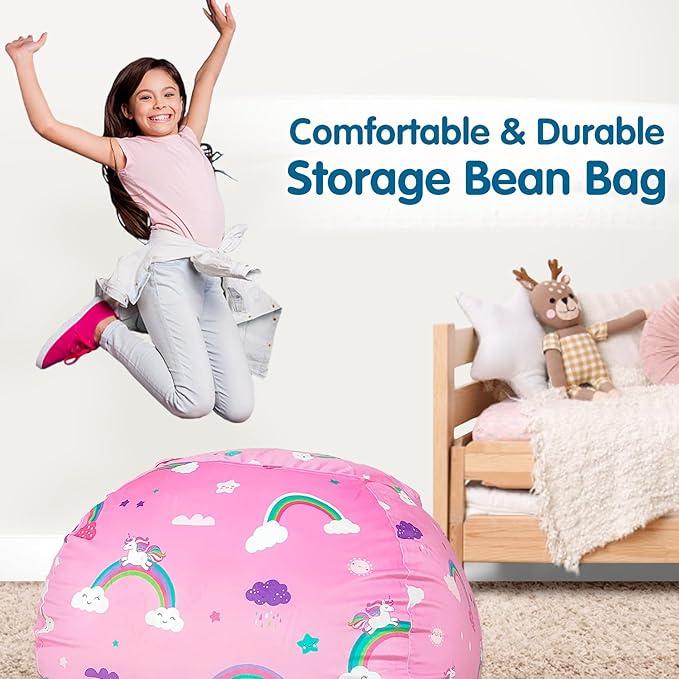 Lukeight Unicorns Stuffed Animal Storage Bean Bag Chair Cover for Kids, Unicorns Zipper Beanbag Chair Cover for Organizing Toddler and Kids' Rooms Plush Toys (Rainbow Pink, Large)