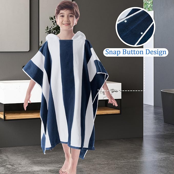 VOOVA & MOVAS Hooded Towel Poncho for Boys| Girls | Teens (8-16Years), 100% Cotton Thick Poncho Towel Robe for Kids, Perfect for Pool, Beach, Bath and Gifts, Navy White Stripe