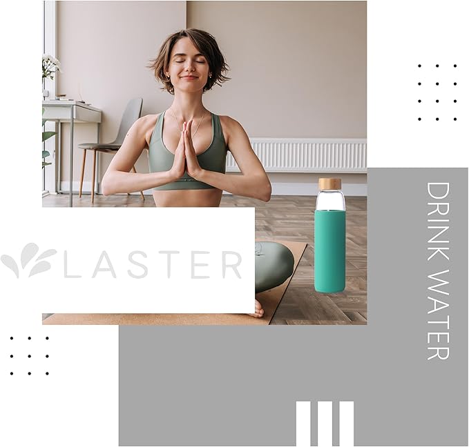 Laster Glass Water Bottle 20 Oz, 600 ml, made of Borosilicate Glass, 1 Bamboo & 1 Stainless Steel Lid, BPA Free, Non-Slip Silicone Sleeve (Leafy Green)