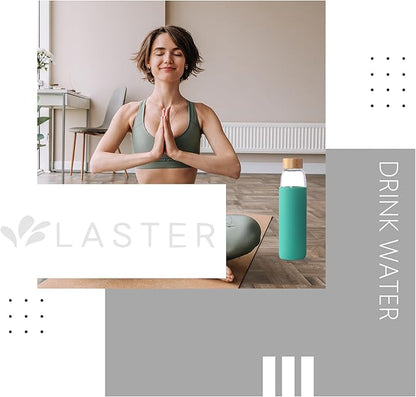 Laster Glass Water Bottle 20 Oz, 600 ml, made of Borosilicate Glass, 1 Bamboo & 1 Stainless Steel Lid, BPA Free, Non-Slip Silicone Sleeve (Leafy Green)