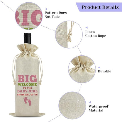 Welcome Baby Girl Wine Bag New Baby Birth Announcement Gift for Grandparents Baby Shower Baby Gender Reveal Party Decors Newborn Baby Girl Gift for Friends Wine Gift Bag Drawstring Wine Wrapping Bag