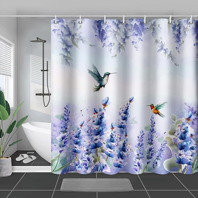 AILONEN Waterproof Floral Shower Curtain for Bathroom,Purple Blue Botanical Wisteria Lavender Flowers Shower Curtain,Watercolor Floral Decor Bathroom Polyester with Grommets and Hooks 72" W*78" H