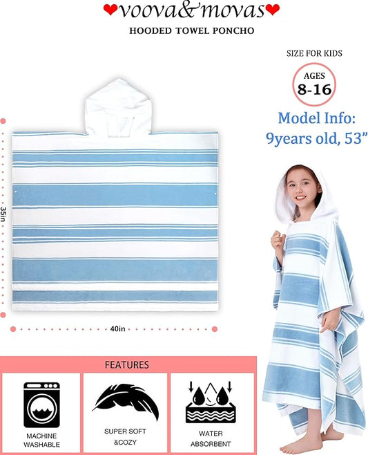 VOOVA & MOVAS Hooded Poncho Towels for Big Kids Boys (8-16Years), 100% Cotton Thick Poncho Towel Robe for Kids, Perfect for Pool, Beach, Bath and Gifts, Blue White Stripe