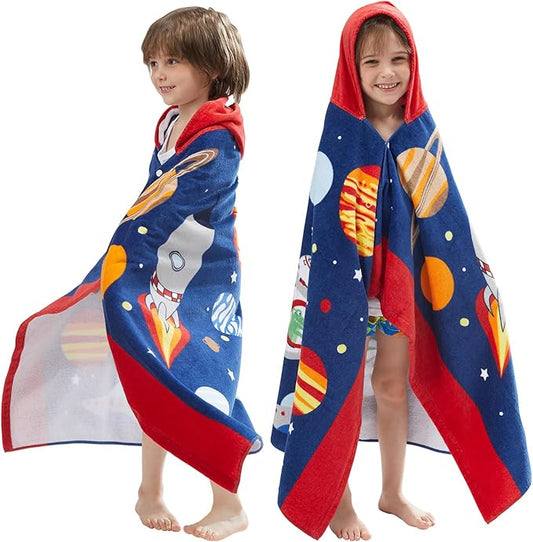 BANGSAUR Kids Hooded Beach Bath Towels, 100% Cotton 50"x30" Wrap Blanket, Toddlers Boys 3-12 Years Coverup Towel Outer Space N