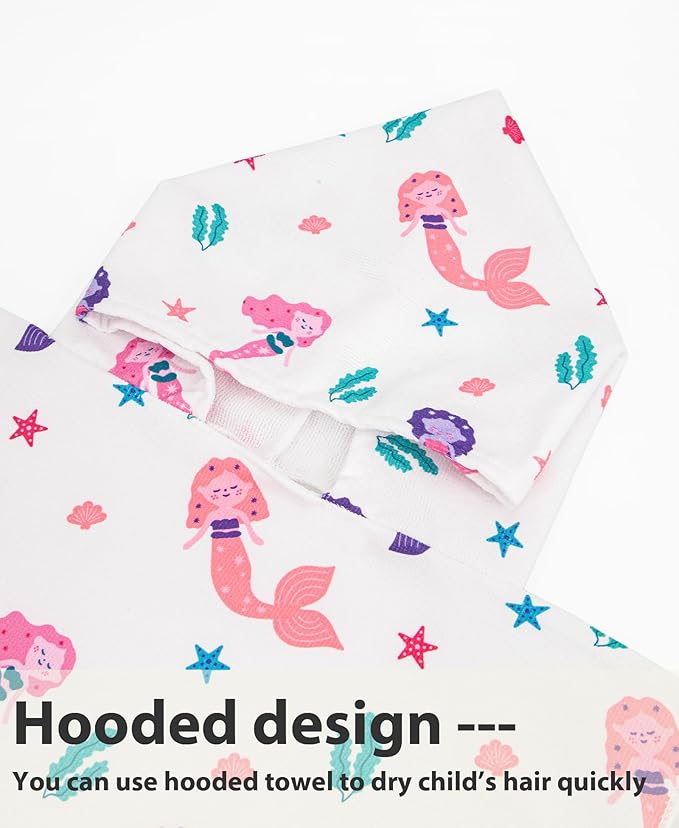 MissShorthair Kids Toddler Poncho Towels, Hooded Beach Towel for Girl&Boy, Surf Poncho Swim Changing Robe Microfiber Bath Towel for 4-6 Years Mermaid